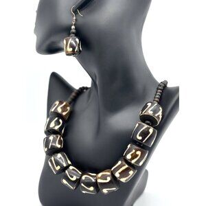 Antique Rare Burmese Pumtek Prayer Beads Fossilized Wood Necklace & Earrings Set